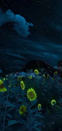 This live wallpaper features a digital artwork by an unknown artist, showcasing a vast field of sunflowers under the soft glow of a full moon