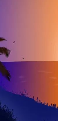 Looking for a stunning live wallpaper to enhance the look of your phone? Look no further than this beautiful digital painting depicting a sunset over the ocean with palm trees