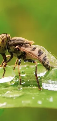 This dynamic phone live wallpaper captures the intricate details of a buzzing fly perched on a lush green leaf, creating a stunning and captivating visual experience for your device
