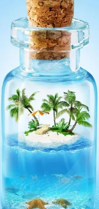 This phone wallpaper showcases a miniature island surrounded by clear blue waters, inside a beautifully-crafted bottle