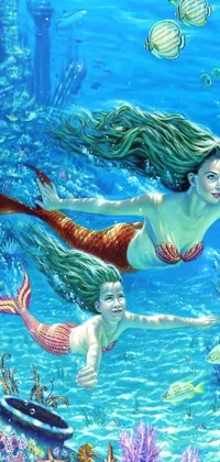 This phone live wallpaper features a mesmerizing painting of a mermaid swimming among dolphins and colorful coral reefs in the ocean