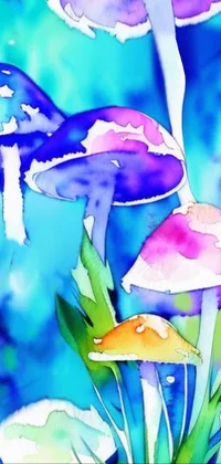 This phone live wallpaper features an eye-catching watercolor painting of mushrooms in a mixed media illustrated style, with high contrast and ultraviolet light accents