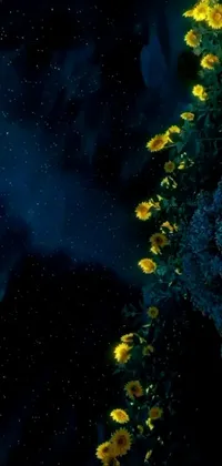 This stunning phone live wallpaper features a beautiful field adorned with bright yellow flowers sitting against a starry sky with shades of midnight-blue