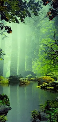This live wallpaper features a stunning stream flowing through a thriving green forest