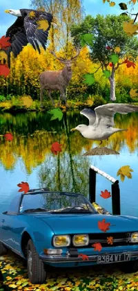 This phone live wallpaper features a digital art piece inspired by fantastic realism, depicting a blue car parked by a body of water and framed by trees in a collage art style