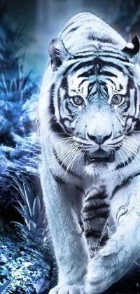 This phone live wallpaper features a stunning digital rendering of a white tiger traversing a verdant green field under a jungle night sky
