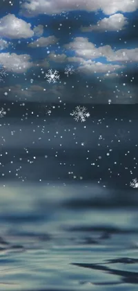 This live wallpaper is a stunning digital art piece featuring snowflakes floating over a stormy body of water