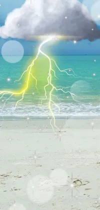 This phone live wallpaper showcases a digital art image of a cloud with lightning bolts on a beach setting