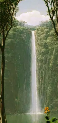 This stunning phone live wallpaper features a breathtaking high-resolution film still of a serene waterfall surrounded by a lush forest of trees