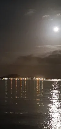 This live wallpaper features a breathtaking nighttime scene with a full moon illuminating a body of water