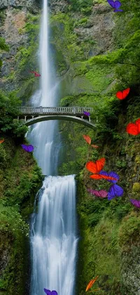 This live phone wallpaper depicts a stunning waterfall surrounded by lush greenery and blooming flowers