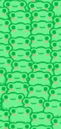 This phone live wallpaper features a group of adorable green frogs bouncing around a lush green background