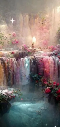 This phone live wallpaper showcases a stunning painting featuring a waterfall amid a bed of roses, accompanied by dripping candles, and a photograph of an enchanted garden