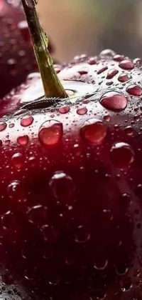 Looking for a unique live wallpaper for your iPhone? Check out this stunning design featuring two cherries with water droplets, portrayed in a photorealistic painting style