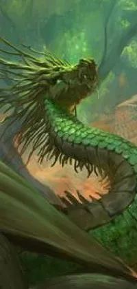 This live wallpaper showcases a breathtaking image of a green dragon perched on a rocky surface