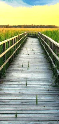 This phone live wallpaper features a stunning wooden bridge over a field of tall, swaying grass, creating a serene and peaceful atmosphere