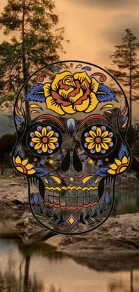 This phone live wallpaper displays a visually stunning vector art depiction of a skull resting on a rock near a vivid yet tranquil body of water