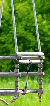 This phone live wallpaper depicts a close-up of a metal object sitting in the grass with a pair of wooden swings in the background