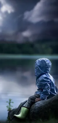 This stunning live wallpaper features a serene scene of a person seated near a calm body of water against a lake background