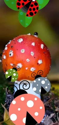This live wallpaper brings a delightful image of a ladybug on top of a fanciful mushroom set within a lush forest