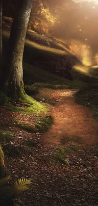 This phone live wallpaper features a peaceful dirt path meandering through a forest