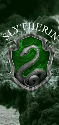 This live wallpaper features the Slytherin crest surrounded by a serpent in dark green and silver tones