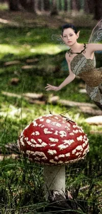 This phone live wallpaper depicts a forest scene with a fairy seated on an Amanita muscaria mushroom, with detailed elements such as windy trees and a winding path