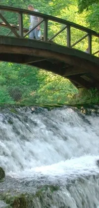 This live wallpaper captures the tranquility of a natural landscape, displaying a wooden bridge over a waterfall with a waterwheel in the background