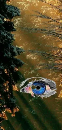 This phone live wallpaper features a surreal digital art picture of an eye in the center of a forest
