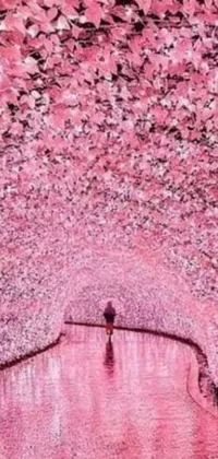 Looking for a serene and dreamy phone live wallpaper? Check out this stunning image of a boat under a canopy of pink flowers by an inspiring artist