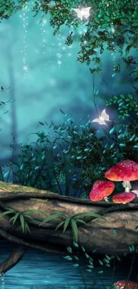 This live wallpaper portrays a vibrant group of mushrooms on a tree branch