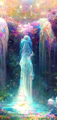 This stunning live phone wallpaper features an imaginative painting of a woman standing in front of a magnificent waterfall flowing into a crystal pool