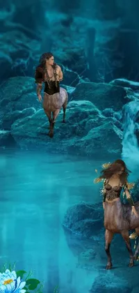 Enjoy the magical scenery of this live wallpaper featuring majestic horses standing in the water, while an ethereal elf with long brown hair hovers in the air