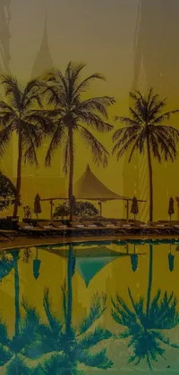 This wallpaper depicts a serene swimming pool with palm trees on its edges