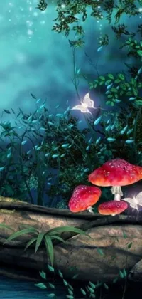 This phone live wallpaper boasts a vibrant scene featuring a group of mushrooms sitting atop a mushroom log in a mushroom forest