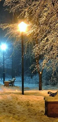 This phone live wallpaper depicts a snowy, serene winter scene featuring a park bench covered in snow and a nearby street light shining warmly