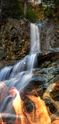 This live wallpaper features a breathtaking waterfall set amidst a lush green forest landscape in California