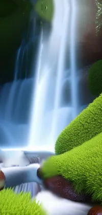 Looking for a stunning live wallpaper for your phone? Check out this beautiful design featuring a mesmerizing waterfall set amid a breathtaking green forest