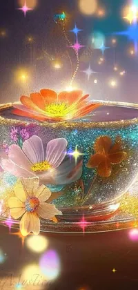 This live phone wallpaper features a stunning digital art image of a tea cup on a wooden table with glittering lights, glowing flowers, and steam emanating from the cup