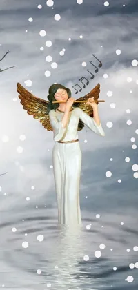 This live wallpaper for your phone showcases a beautiful digital art piece of an angel statue in the midst of a snowstorm