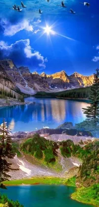 This phone's live wallpaper showcases a picturesque mountain lake landscape at Banff National Park, featuring a group of birds in flight over calm water and towering pine trees