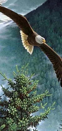 This phone live wallpaper depicts an eagle soaring over a lush forest