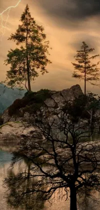 This scenic phone live wallpaper depicts a tranquil lake surrounded by lush trees and awe-inspiring mountains