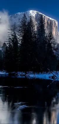 This live wallpaper features a scenic body of water with a snow-capped mountain in the background
