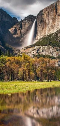 This live wallpaper showcases a serene water body with a stunning waterfall in the background, set in Yosemite Valley meadows