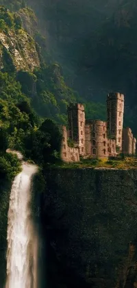 Get mesmerized by the stunning view of a castle resting atop a cliff beside a waterfall in this phone live wallpaper