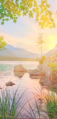This phone live wallpaper features a peaceful body of water surrounded by lush trees in a romantic and pastel-colored sunrise