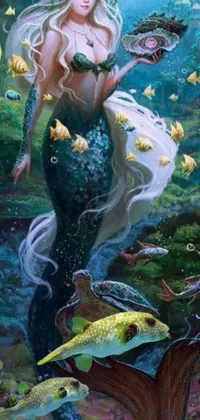 This stunning phone live wallpaper features a mesmerizing painting of a mermaid surrounded by fish in an underwater world