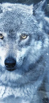 This phone live wallpaper showcases a stunning image of a wolf in the snow, featuring a close-up view of the animal