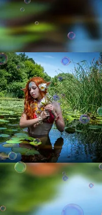 This vibrant live wallpaper depicts a red-haired goddess sitting in a pond surrounded by bubbles and water lilies